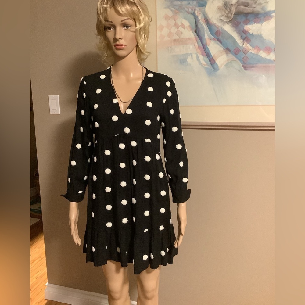 Zara Pompom Dress Black with White Pom Poms Size XS